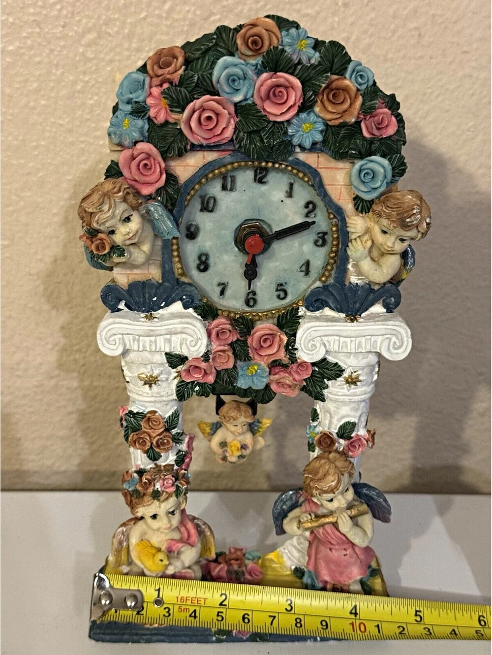 Vintage Cherub Angel Pendulum Clock Roses Floral Resin 9” Mantel AS IS Repair